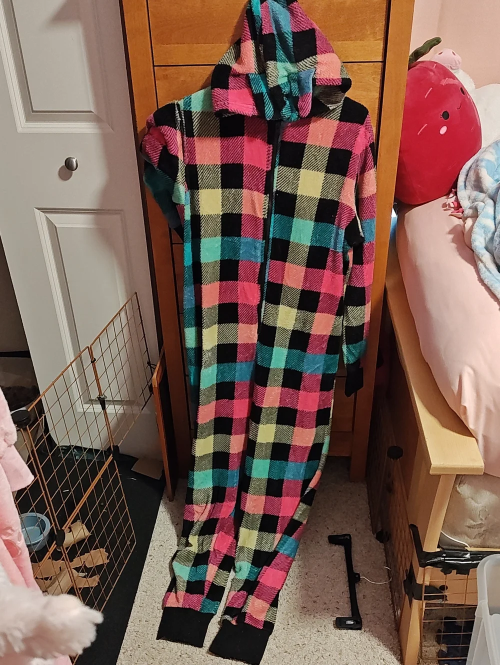 Kids Hooded Plaid Fleece Pajama Onesie - Multicolor